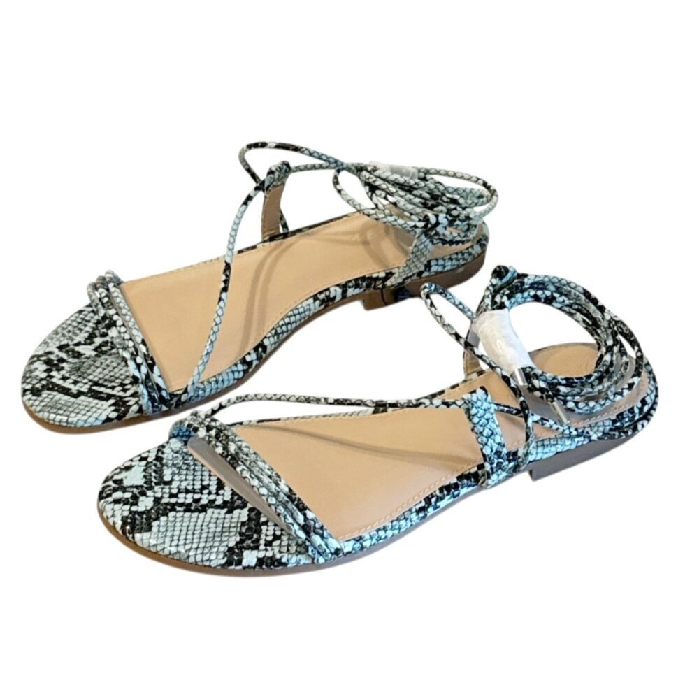 Snake-Print Lace-Up Women's Sandals - Blue/Black - Picture 2 of 4
